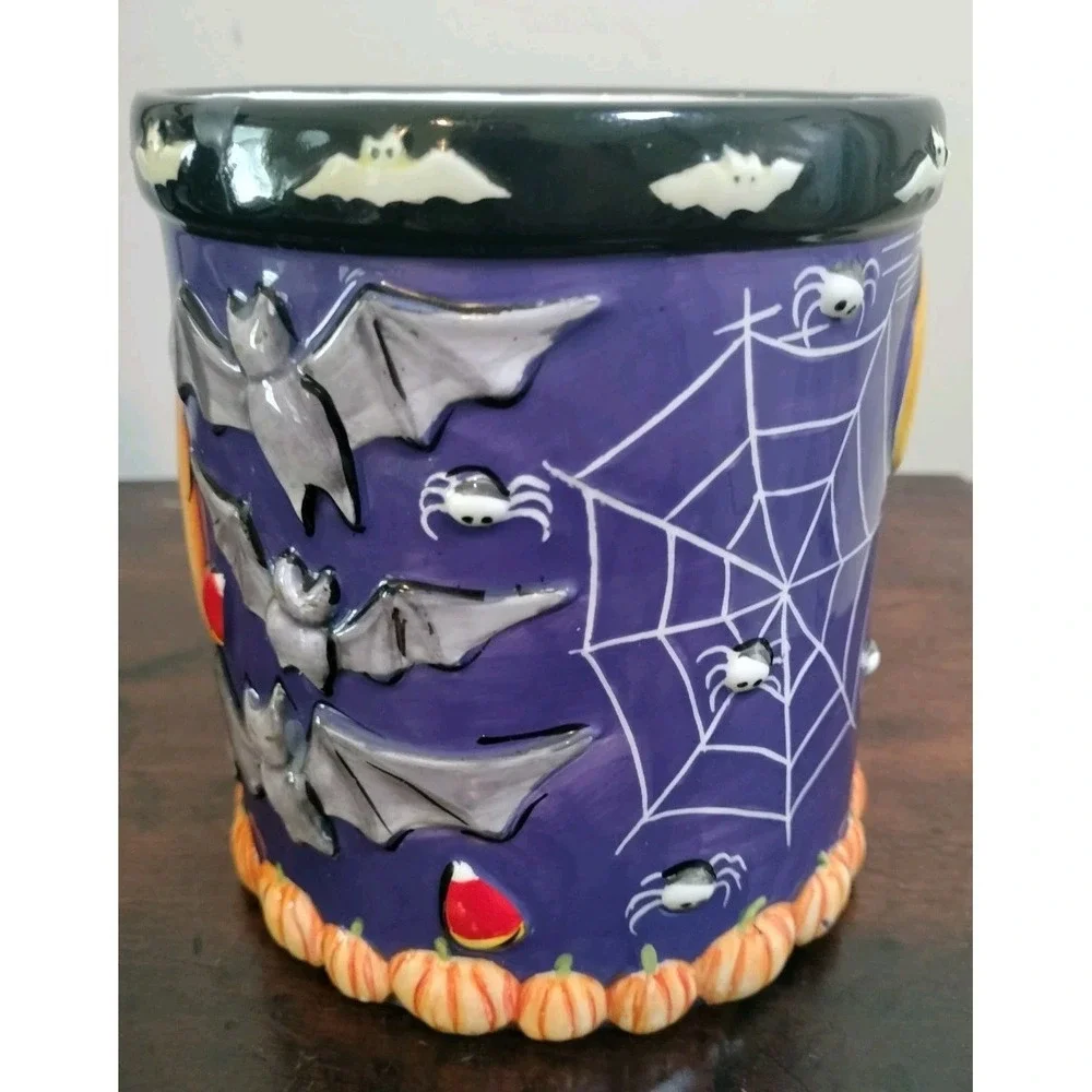 Vintage Halloween Purple Ceramic Pumpkin Bat Spider Web Candle Holder Jar Decor